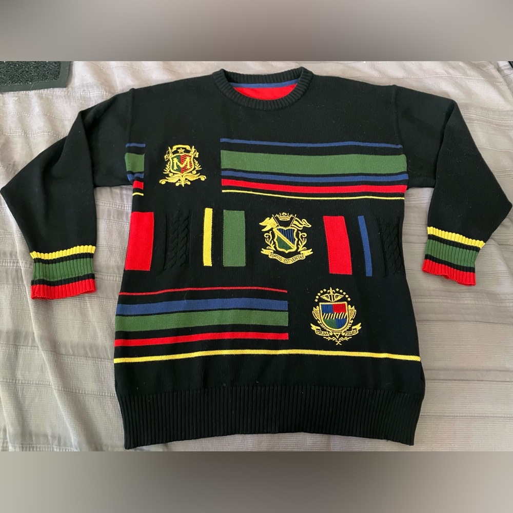 Vintage ski Sweater 1980s colorful w/ Badges w Gold Women’s M L Mondi EU Hungary